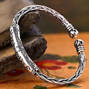 Sterling Silver Tibetan Buddhist Vintage Chinese Cuff Bangle Bracelet